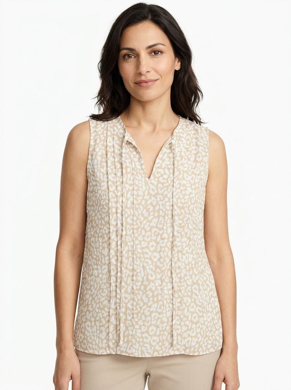 J.Crew Animal Print Sleeveless Split Tie Neck Pleated Blouse Women Size S